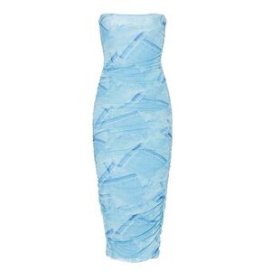Good American Strapless Patchwork Denim Dress